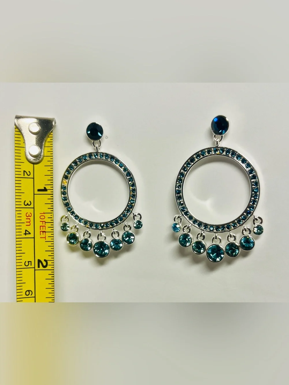Silver Hoop Drop Earrings with Teal Blue Crystal Accents